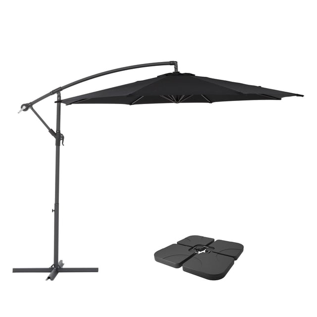 CorLiving 9.5ft tilting cantilever outdoor patio umbrella with black polyester canopy and steel frame, featuring 8 metal support arms and a curved cantilever pole, shown with four base weights for stability, suitable for adjustable sun protection on patios and decks.