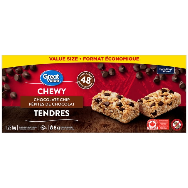 Great Value Chewy Chocolate Chip Granola Bars 48 count value pack with individually wrapped soft, chewy bars containing chocolate chips and 8g whole grains per bar, shown on red and brown packaging with scattered chocolate chips, made in Canada and Ingredient Wise certified, ideal for packed lunches and on-the-go snacks.
