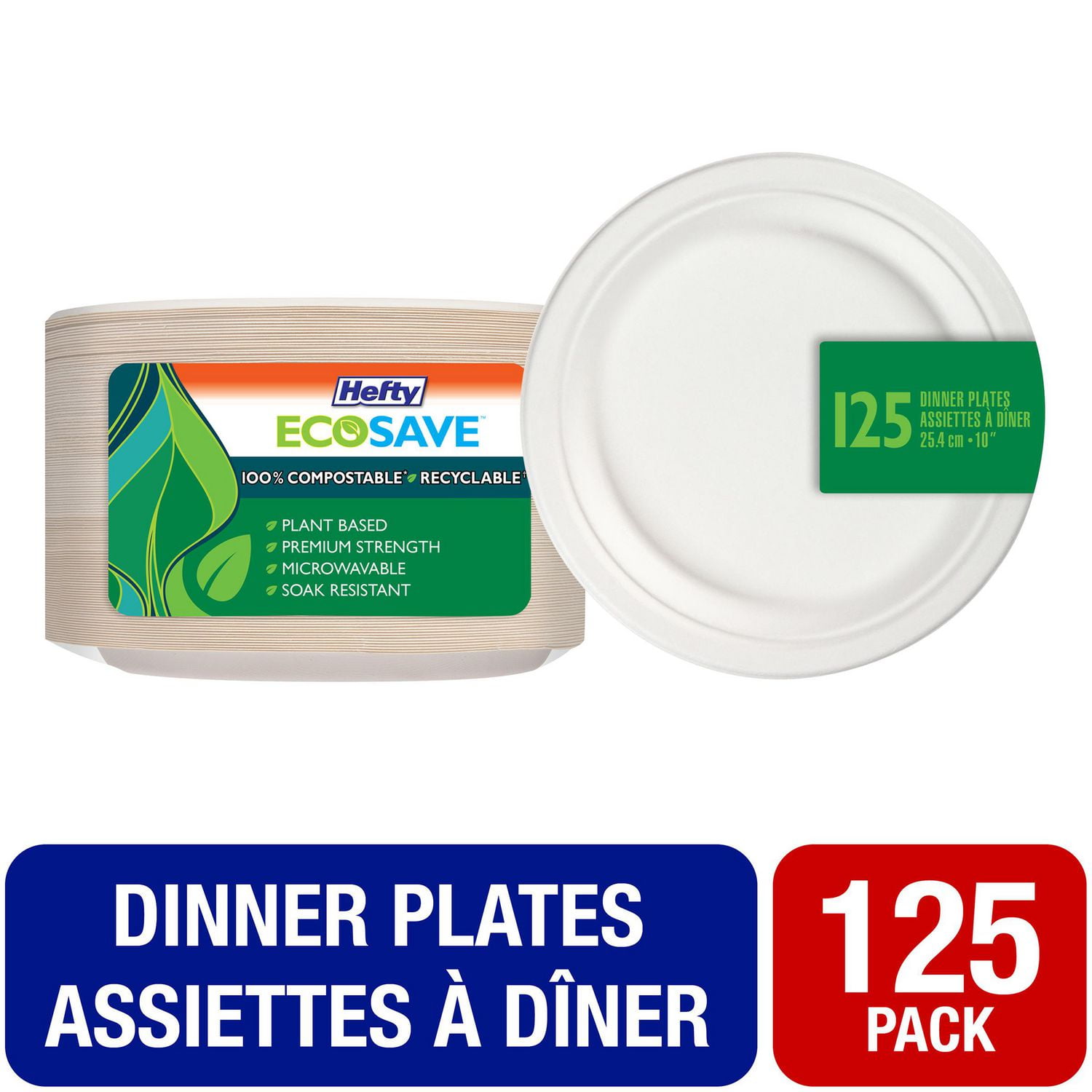 Hefty EcoSave® Assiettes à Dîner, Assiettes Jetables, Lot de 125