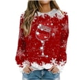 thumbnail image 1 of Besolor Chandail à Col Rond de Noël pour Femmes, Imprimé de Verre de Vin, Manches Longues, Chandails Mode, Hauts Graphiques Flocon de Neige, 1 of 4