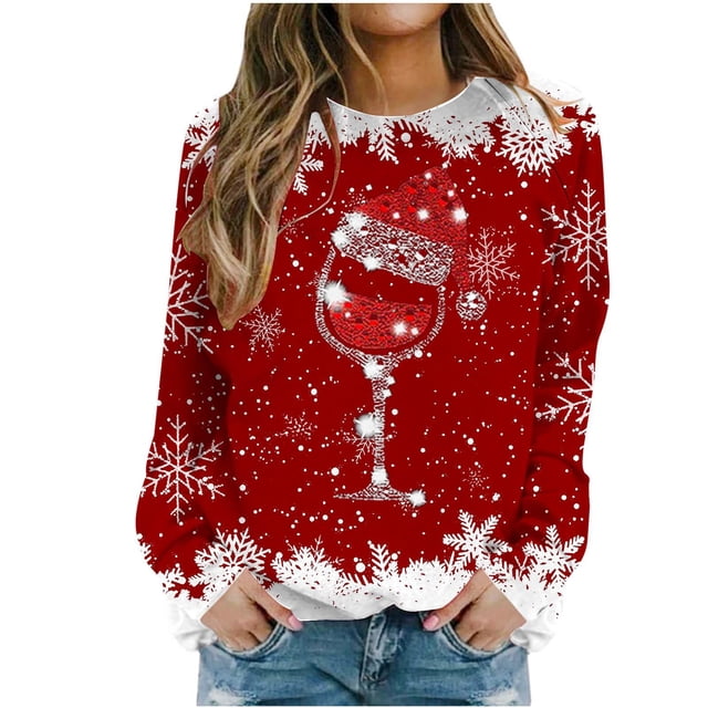 Besolor Chandail à Col Rond de Noël pour Femmes, Imprimé de Verre de Vin, Manches Longues, Chandails Mode, Hauts Graphiques Flocon de Neige