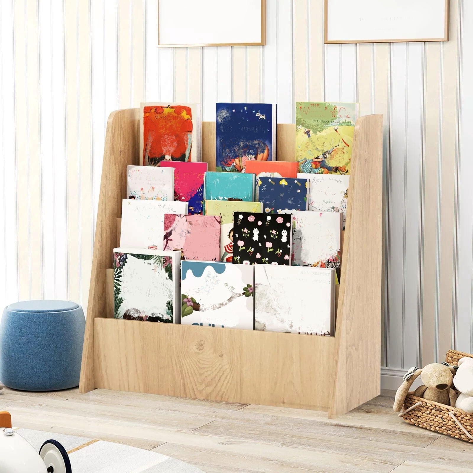 Harmijoy 4-tier Kids Wooden Bookshelf, Toddlers Book Rack w/Deep Shelves, Ideal Height for Easy Access, Kids Book Display Shelf