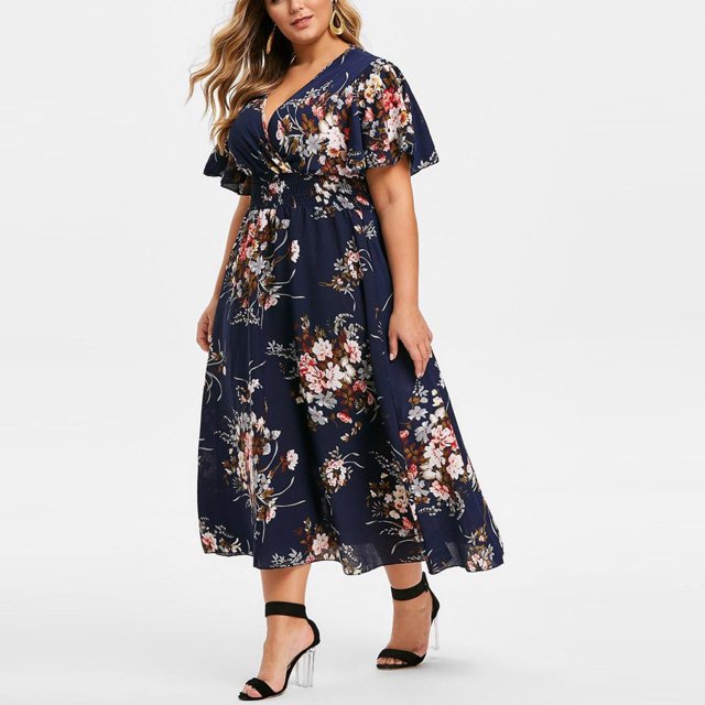 CHUANK Summer Plus Size Maxi Dresses For Wedding Guest Lace Stitching Dress Cold Shoulder Long Dresses Short Sleeve