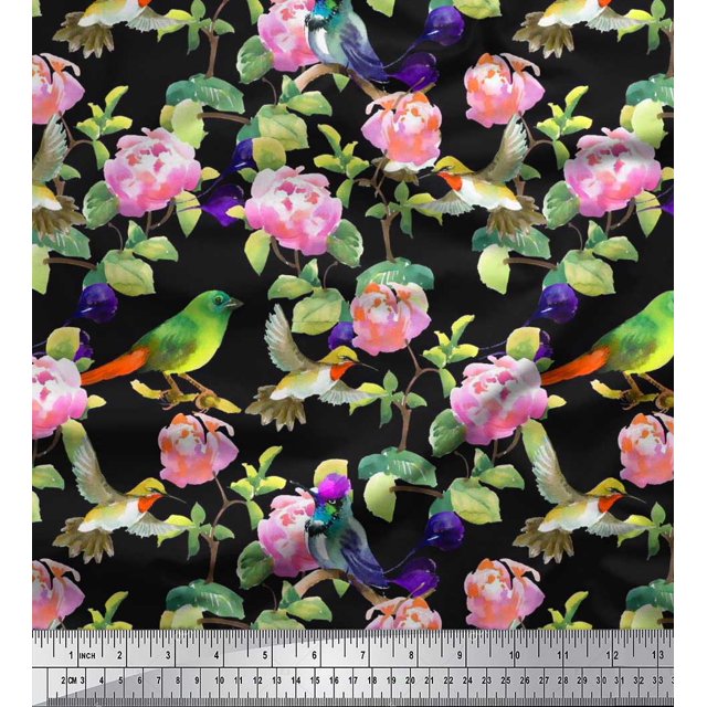 Soimoi Modal Satin Fabric Leaves,Floral & Hummingbird Bird Print Fabric by Yard 42 Inch Wide
