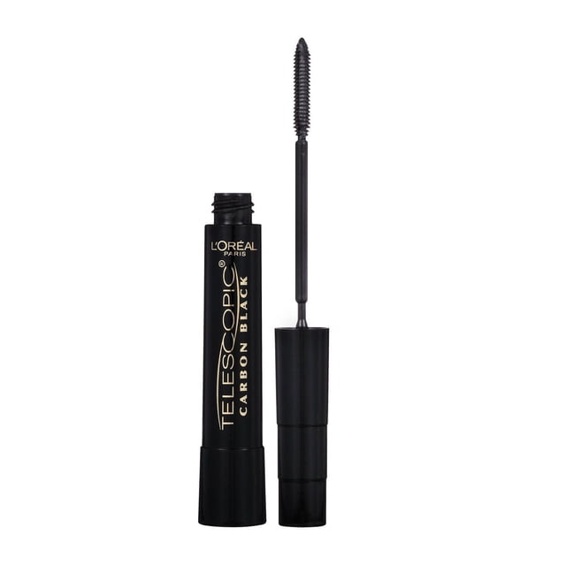 L'Oréal Paris Telescopic Original Lengthening Mascara in carbon black with open tube and extended flexible precision brush designed for up to 60% lash lengthening and clump-free separation, shown on a white background.