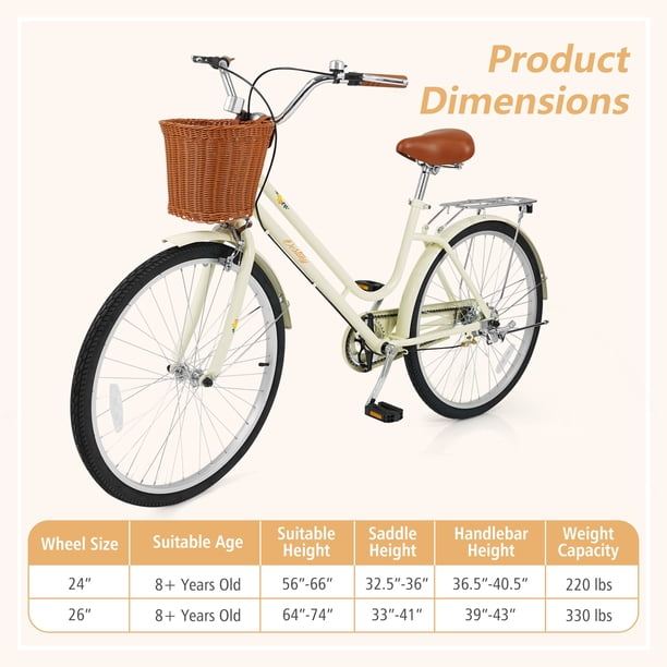 Costway 24-Inch Beach Cruiser Bike,with Adjustable Seat, Woven