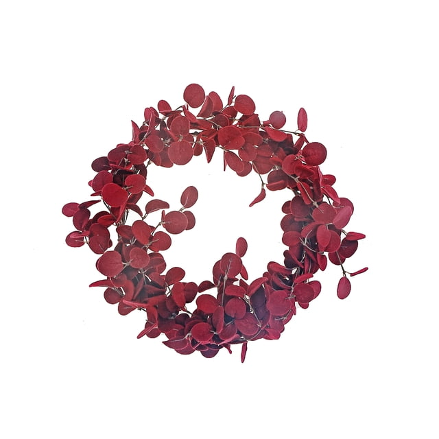 Burgundy Felt Eucalyptus Wreath with a 19.5-inch circular form composed of dense felt eucalyptus leaves in burgundy, crafted from durable felt material, suitable for door decoration or as a seasonal table centerpiece in home décor.