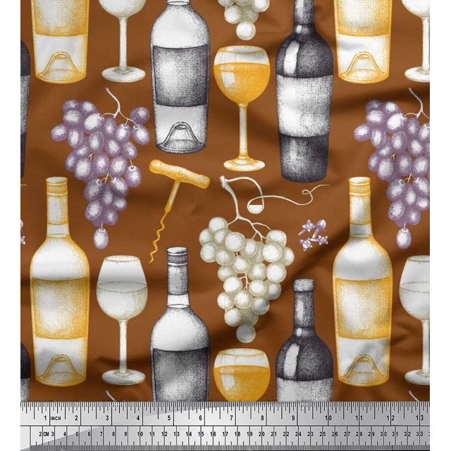 Soimoi Modal Satin Fabric Grapes,Wine Glass & Bottle Print Fabric by Yard 42 Inch Wide