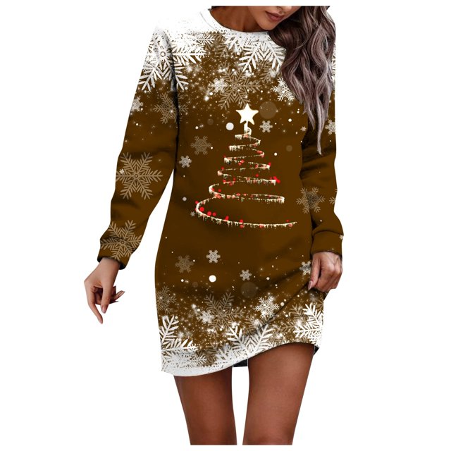 Kcodviy Chandail Imprimé de Noël pour Femme Robe Formelle D'Automne pour Femmes Col Rond Longue Robes de Bureau Décontractées pour Femmes Été Manche Ample Sans Capuche Robes Portefeuille d'Été Décontractées pour Femmes Robe D
