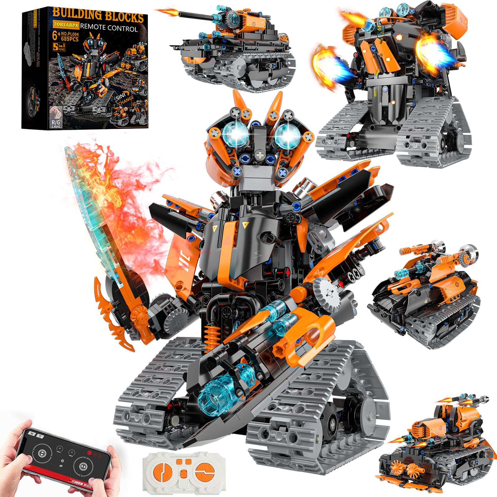 TOBSABPX STEM Building Toys for Kids 6-14, 5in1 STEM Robot Building Kit for Kid, Remote & APP Controlled Tank Bulldozer Robot Building Blocks Set Bir