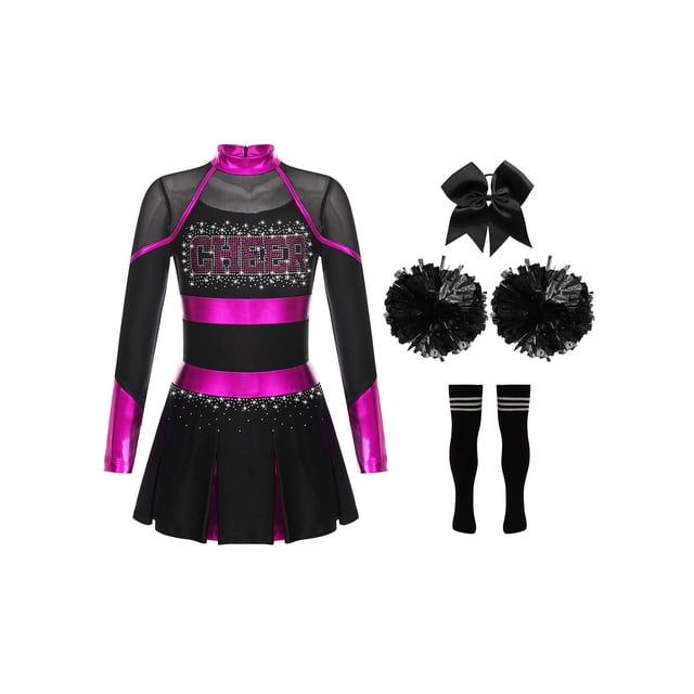 Hansber Tenues de Cheerleading pour Filles Uniforme de Cheerleading Robe Fantaisie avec Pompons Ensemble de Bas pour Cheveux Rose Vif&Noir 14