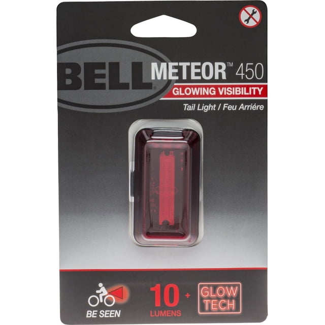 Bell Sports Meteor 450 COB Taillight in black and red packaging showing a compact rectangular red bike taillight with 10 lumens brightness and glowing visibility using COB technology, designed for easy tool-free mounting with a silicone strap, suitable for enhancing bike safety and visibility.