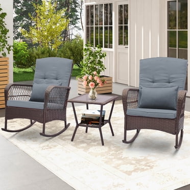 Costway Ensemble de 3 Pcs pour Patio, Fauteuils Berçants d'Extérieur en Osier avec Table Basse à Double Couche, Gris