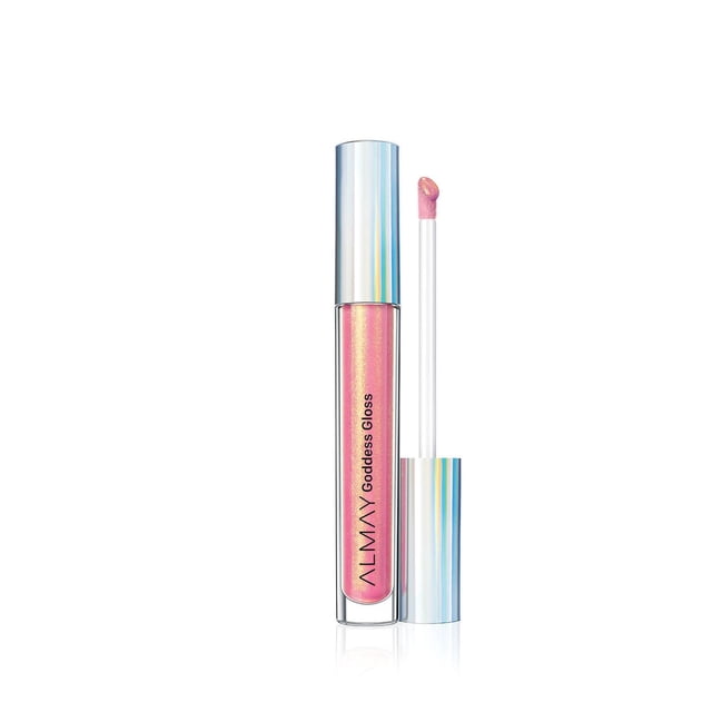 Almay Goddess Gloss lip gloss in a clear tube with holographic silver cap and flocked applicator, showing a sheer pink iridescent shade with high shine finish, dermatologist tested, hypoallergenic, and suitable for layering or wearing alone.