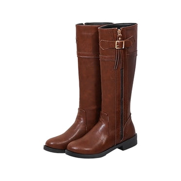 Cameland Chaussures à Talon Moyen pour Femmes, Fermeture Éclair, Franges, Boucle de Ceinture, Bottes de Cowboy Rétro Hauteur Genou