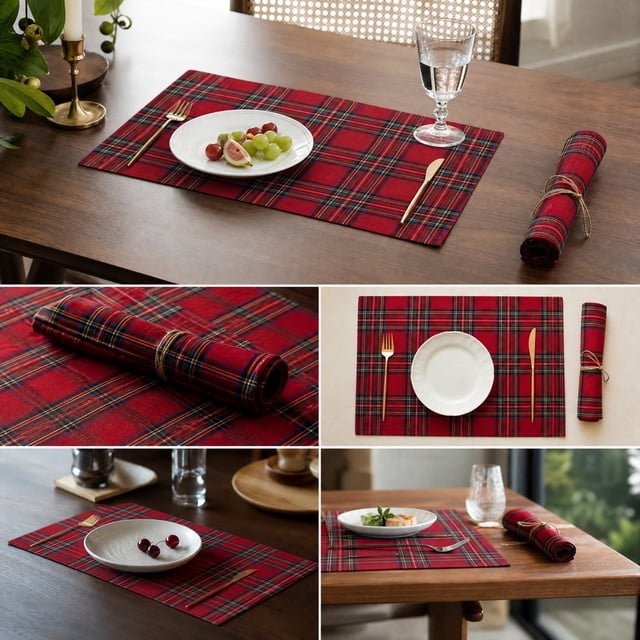 Christmas Plaid Placemats Set Tartan Snowflake Table Mats Washable Stain Resistant for Dining Table Kitchen Holiday Party Decorations Winter Decor