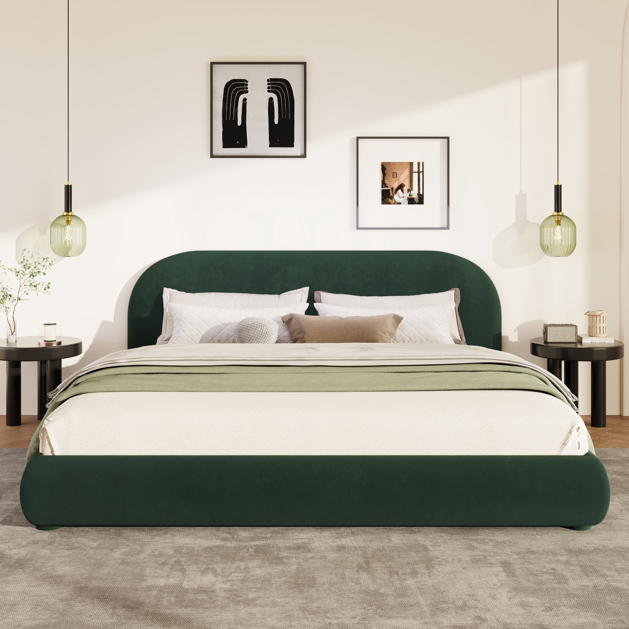 Noble House Lit rembourré Style King Cream, tête de lit en tissu texturé courbé avec structure solide, vert foncé