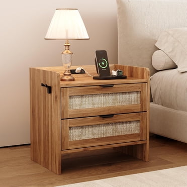 Yiwa Ensemble de 2 Tables de Nuit en Rotin avec Station de Recharge, Tables de Chevet Modernes avec 2 Tiroirs, Ports USB et Type‐C, Tables d'Appoint pour Chambre, Salon Ou Bureau à Domicile