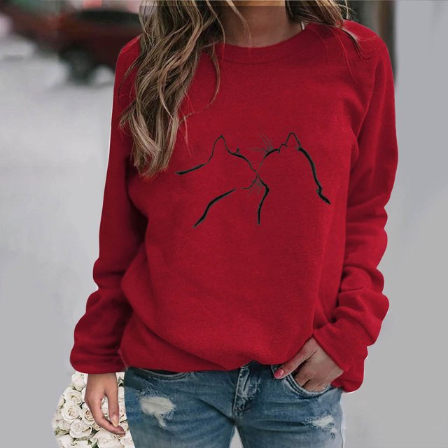 Chandails à Capuchon Mode pour Femmes 2023 et Hiver Décontracté Ample Imprimé Chat Manches Longues Col Rond Chandail Rabais de 50 % Liquidation Costumes d'Halloween/Noël
