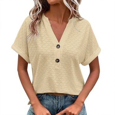 LUOGENLI T-shirts pour Femme pour Femmes Femmes Ample Col en V Manches Courtes Hauts Décontractés Couleur Unie Dentelle Chemises d'Été Blouse T-shirts pour Femmes T-Shirt Graphique Fête de la Saint-Patrick Jaune P