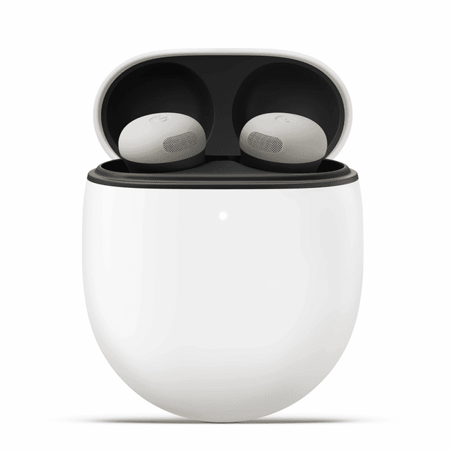 Google Pixel Buds Pro 2 Porcelain wireless earbuds in an open charging case with matte white earbuds and black interior, featuring active noise cancellation, Bluetooth connectivity, and ergonomic design for secure all-day wear, suitable for immersive audio experiences.