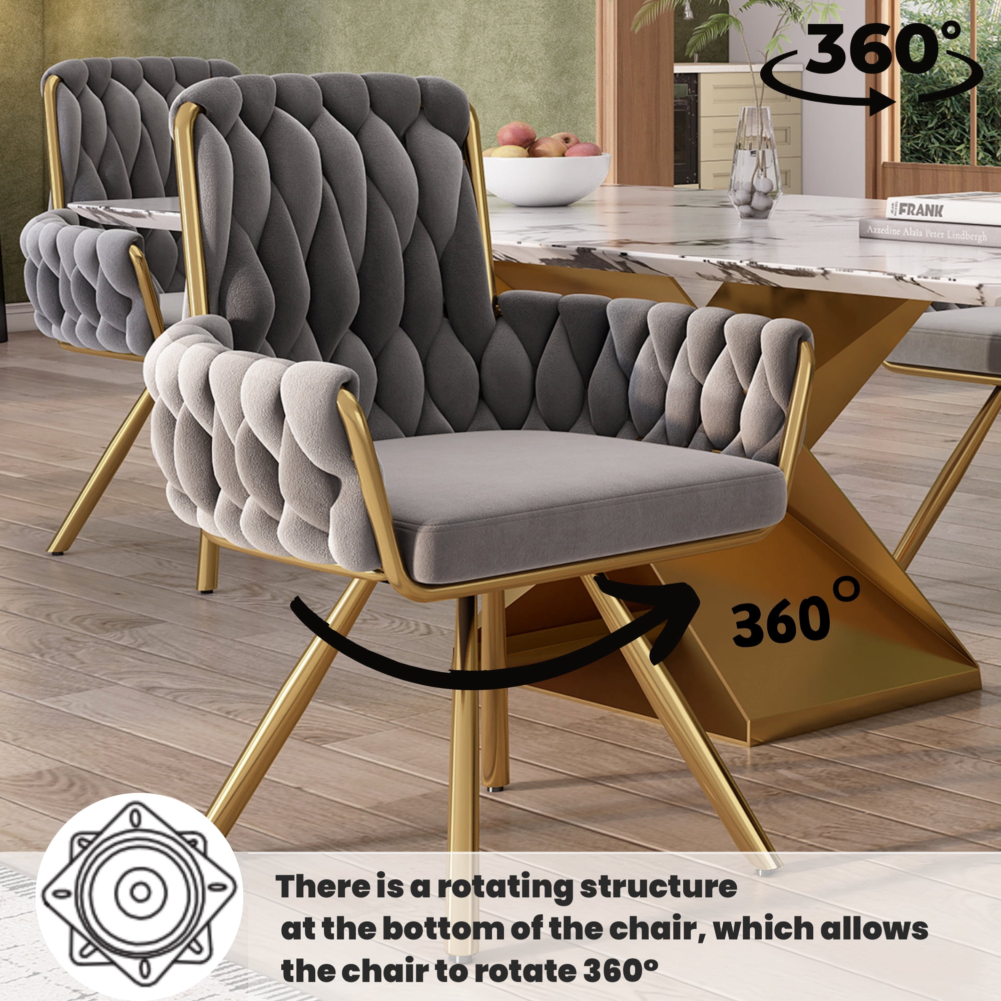 Ensemble de 2 chaises de salle à manger en velours Noble House, fauteuil pivotant capitonné luxueux, gris