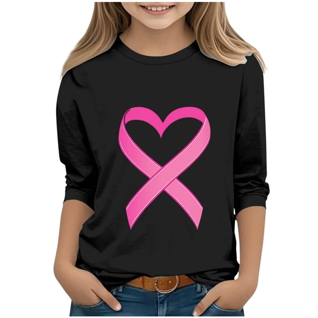 YUNAFFT T-Shirts à Col Rond pour Enfants Sensibilisation au Cancer du Sein Imprimé Manches 3/4 et Longues