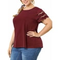 thumbnail image 4 of Agnes Orinda Women's Plus Size Tops Lace Panel Short Sleeves Spring Summer Solid Work Blouses 3X Wine Red, 4 of 7