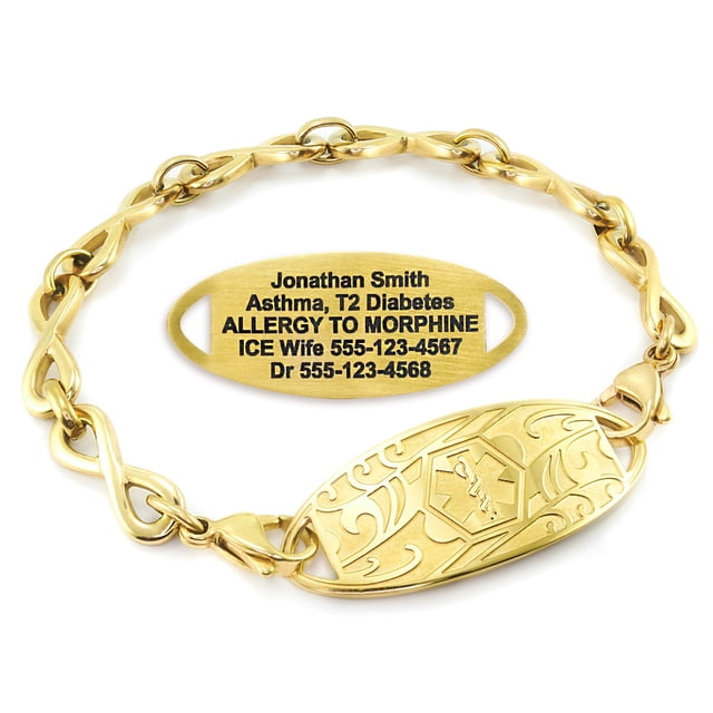 MedicEngraved Yellow Gold Stainless Steel Custom Medical Alert Bracelet - 6mm Infinity Link