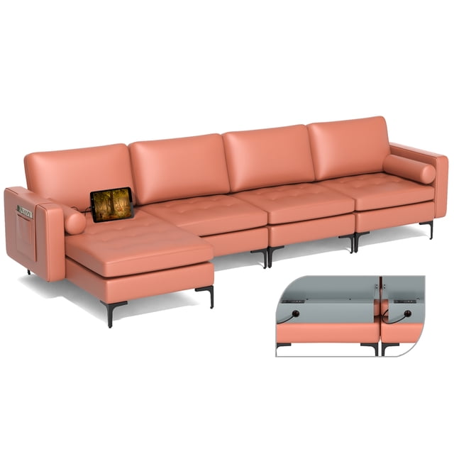Costway Modular L-shaped Sectional Sofa with Reversible Chaise & 4 USB Ports Coral Pink