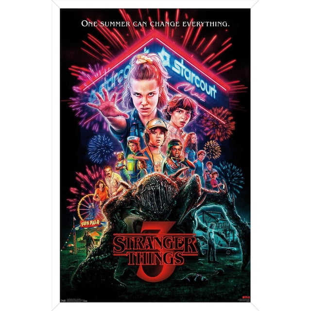 Netflix Stranger Things: Season 3 - One Sheet Wall Poster featuring a neon Starcourt Mall sign with fireworks, a group of 1980s-styled characters, a large monster in the foreground, and a fun fair with a Ferris wheel, under the tagline 'One summer can change everything.' This poster is ideal for decorating bedrooms, dorms, or entertainment spaces.