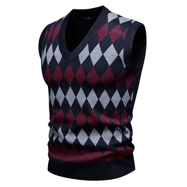 LNWUY Gilet Sans Manches à Col en V pour Homme en Tricot Extensible Imprimé à Rayures en Molleton d'Hiver, Chandail Chaud d'Automne, Hauts Gilet Rouge TTG