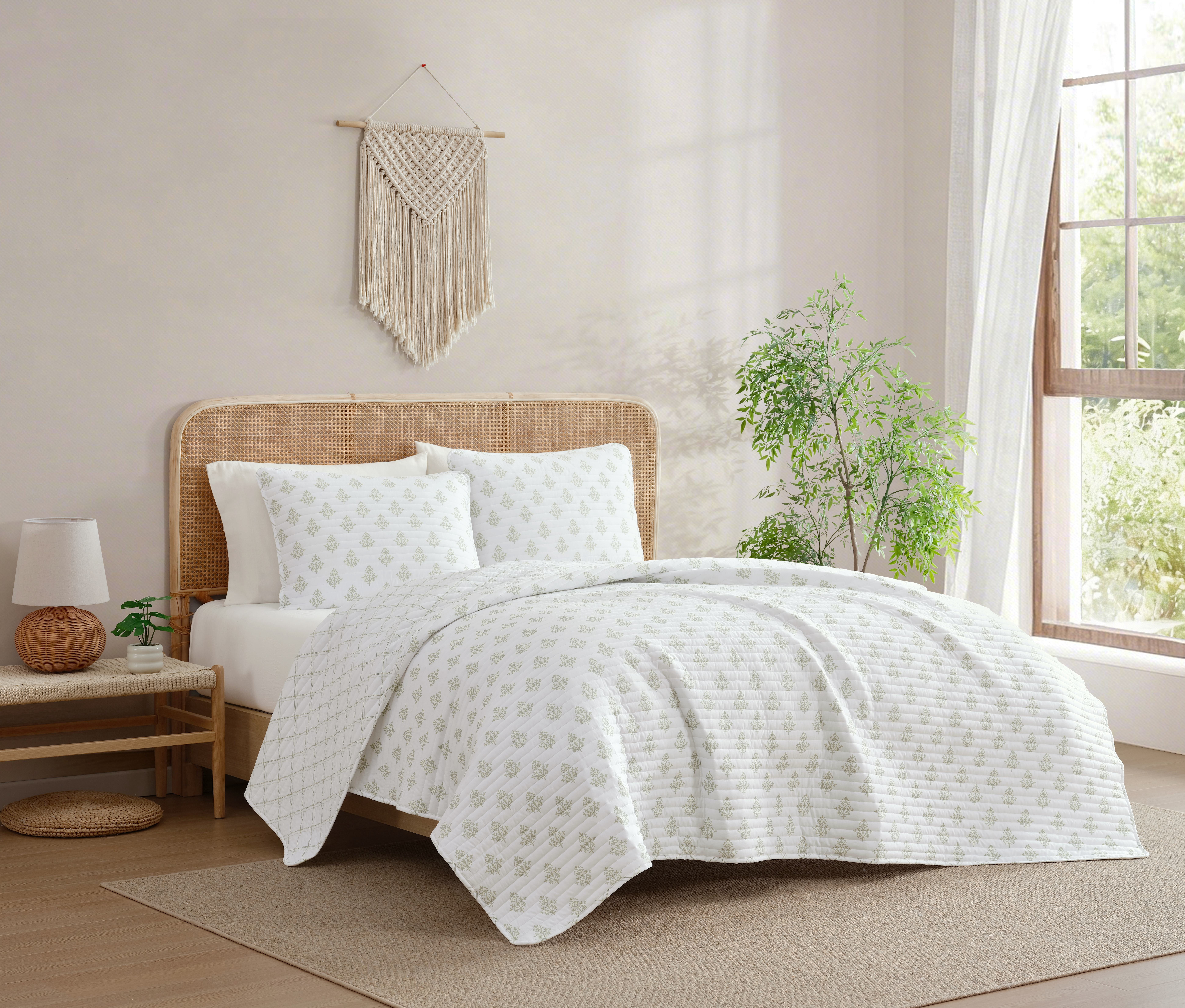 C&C California, Ensemble de courtepointe réversible imprimé, 100 % coton, respirant et léger, 3 pièces, Double/Grand Lit, sage