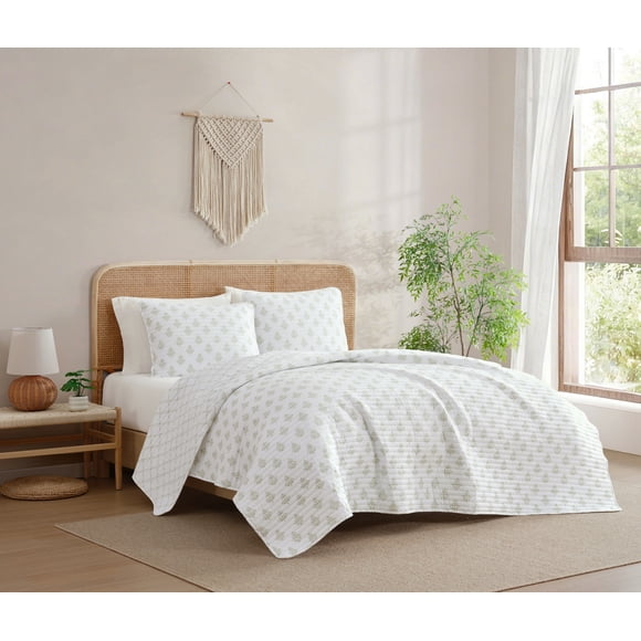 C&C California Printed Reversible Quilt Set, 100% Cotton, Breathable, Lightweight, 3-Piece, Full/Queen, Sage
