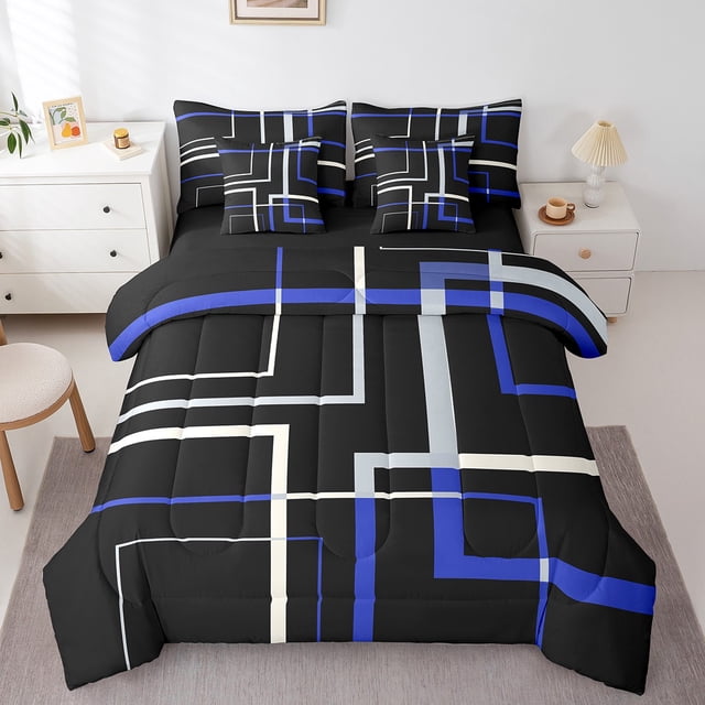 Abstract Geometry Bed in a Bag 7pcs Rectangle Square Bedding Set, Black and Navy White Queen Size Comforter Set Modern Minimalism Bedding Comforter Sets, Aesthetic Bed Set Kids Teens Room Decor
