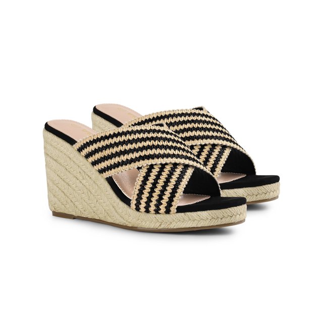 BLISSFUL STEP Sandales Compensées à Plateforme pour Femmes à Brides Croisées Noires 7,5