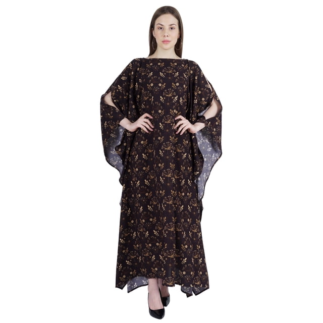 Moomaya Boat Neck Caftan Rayon Cover Up Printed Cold Shoulder Kaftan Maxi Dress