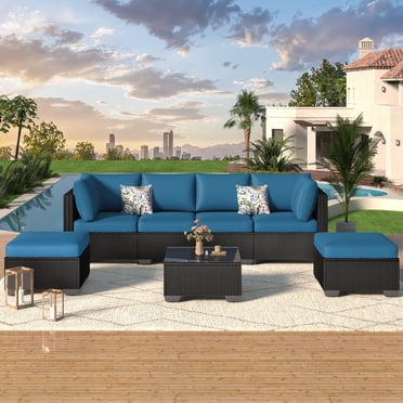 YODOLLA Ensemble de Mobilier de Patio 7 Pcs, Canapé Sectionnel d'Extérieur en Rotin Osier Noir avec Table, Ensemble de Conversation pour Pelouse et Cour Arrière en Bleu