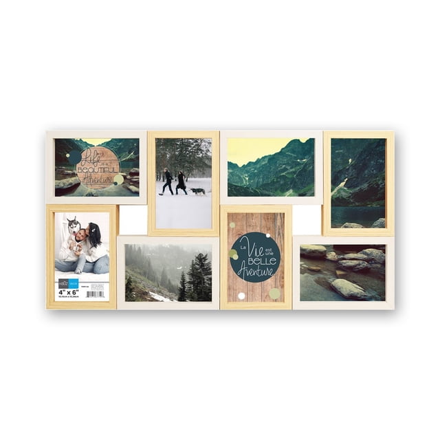 Hauz FRM7128 - 8 Images 4x6 Floating Collage Picture Frame with a white and light wood look. This photo collage frame holds eight 4x6 photos in a floating arrangement, suitable for portrait or landscape orientation. Perfect for displaying memories or artwork in home décor.