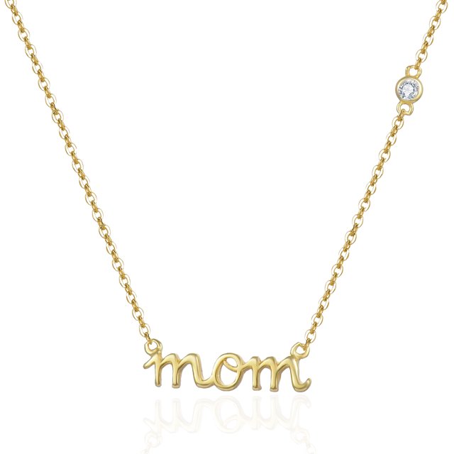 Mercie Sterling Silver Gold Vermeil Name Necklace “Mom” Script Pendant Bezel Set Stone Detail 18 Inch Everyday Wear