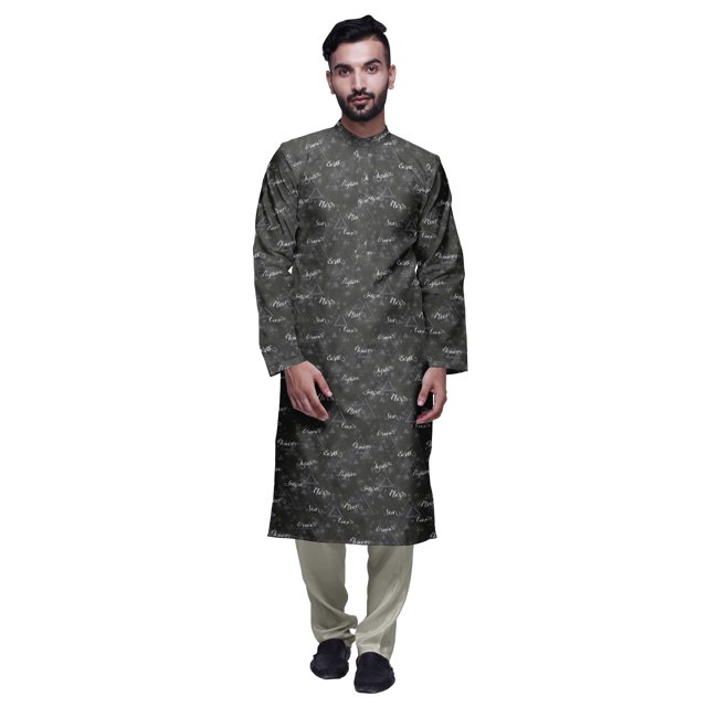 Atasi Button Placket Satin Slub Printed Mens Kurta With Churidar Kurta