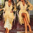 thumbnail image 1 of Robe Femme Mode Col en V Manches Longues Été Solide Ample Dentelle Confortable, 1 of 9