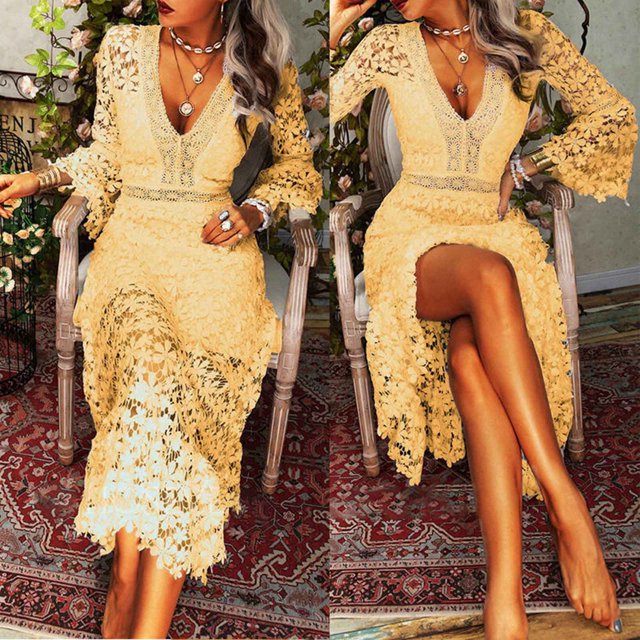 Robe Femme Mode Col en V Manches Longues Été Solide Ample Dentelle Confortable