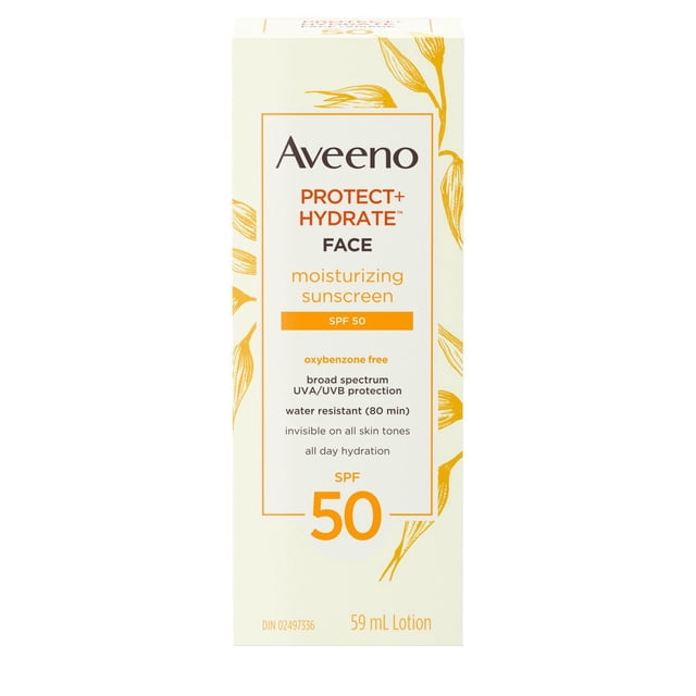 Aveeno Protect + Hydrate Face Moisturizing Sunscreen SPF 50 59 mL lotion box with yellow oat illustrations, broad spectrum UVA/UVB protection, water- and sweat-resistant for 80 minutes, oxybenzone free, oil-free, non-comedogenic formula providing hydration and sun protection for all skin tones.