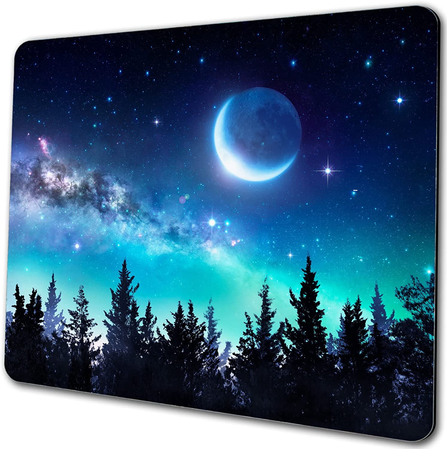Space Galaxy Mouse Pad Tree Forest Moon Gaming Mousepad Non Slip Rubber Base Square Small Mouse Pads for Desk Wireless Mouse Computer Laptop Mouse Mat Desk Accessories Office Decor - Blue Black