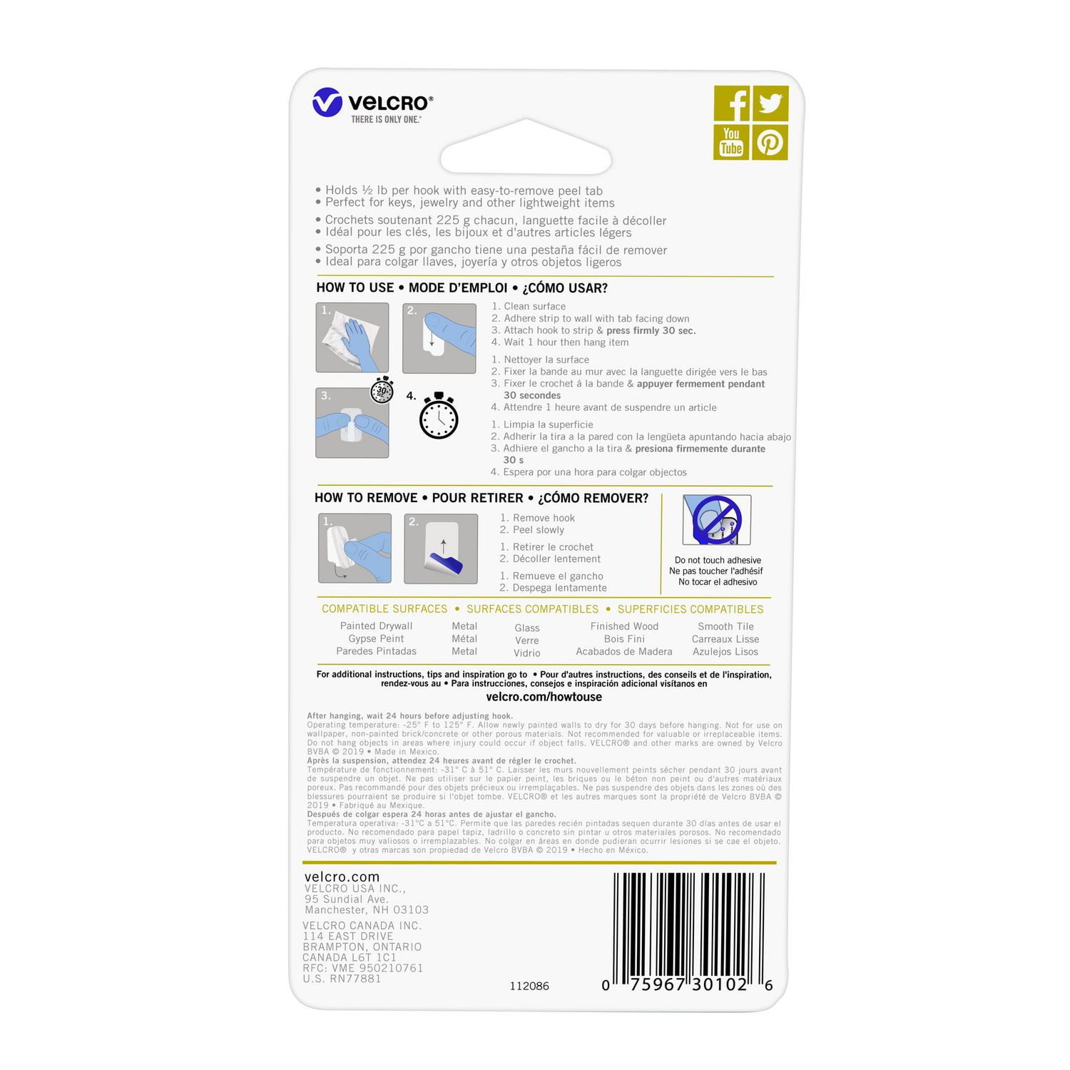 VELCRO BRAND HANGables Micro crochet amovible 1/2 lb. blanc. 4 cts.