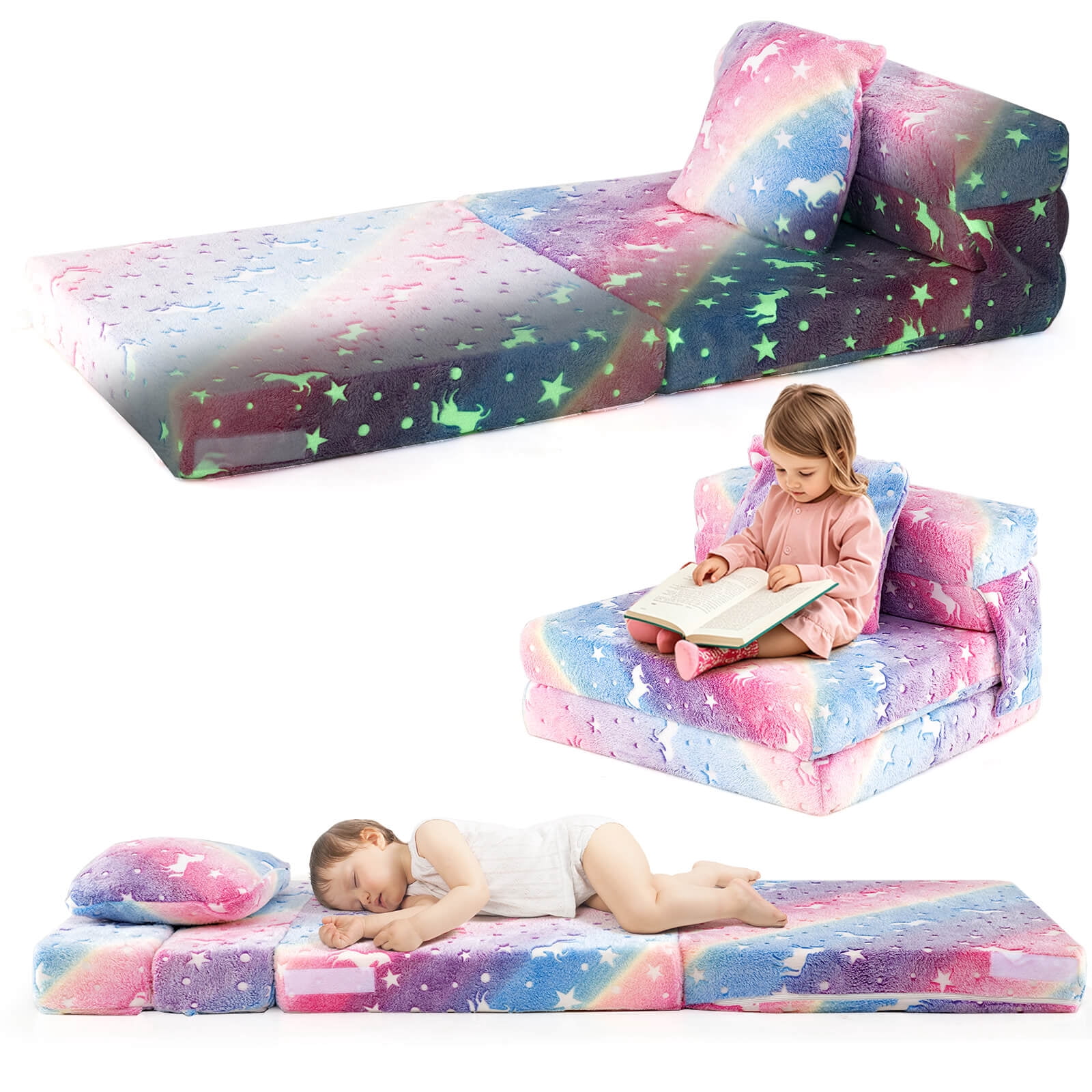 Costway Canapé-Lit Pliant pour Enfants, Matelas de Sol avec Coussin Décoratif et Housse Lavable à la Machine, Multicolore