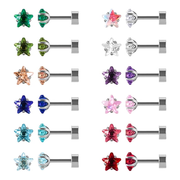 12 Pairs Cartilage Helix Surgical Stainless Steel Stud Earrings, Flat Back Screw Star CZ Brithstone Earrings Set for Girls