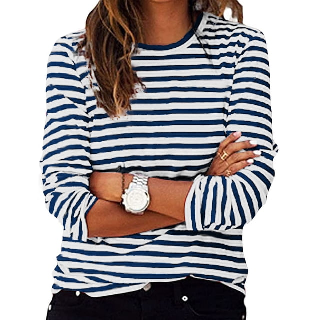 Timegard Hauts pour Femmes à Rayures à Manches Longues Col Ras du Cou Blouse Ample et Confortable Hauts Habillés Décontractés Vêtements d'Automne