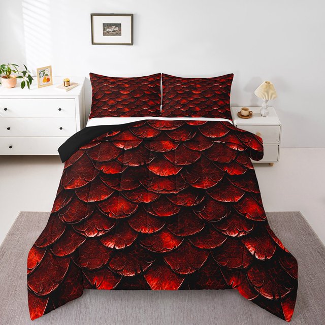 Erosebridal Magic Dragon Comforter Sets Queen Size, Red Animal Scales Comforter Sets Queen Size, Reversible
